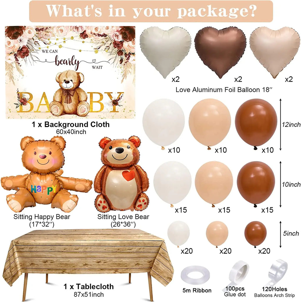 Teddy Bear Balloon Arch Kit for Baby Birthday Party | Neutral Cream, Coffee & Beige Balloons with Bear Backdrop | Luxury Bear-Themed Birthday Decoration Set (148 PCS)
