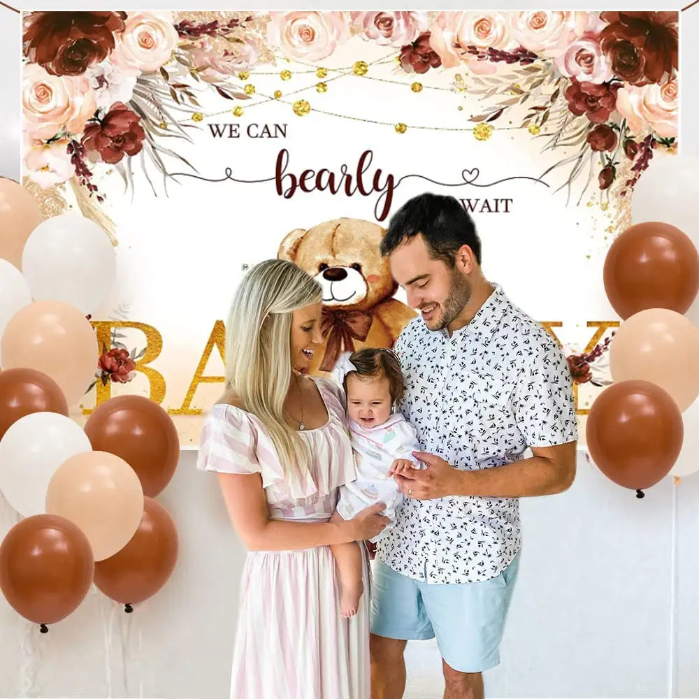 Teddy Bear Balloon Arch Kit for Baby Birthday Party | Neutral Cream, Coffee & Beige Balloons with Bear Backdrop | Luxury Bear-Themed Birthday Decoration Set (148 PCS)