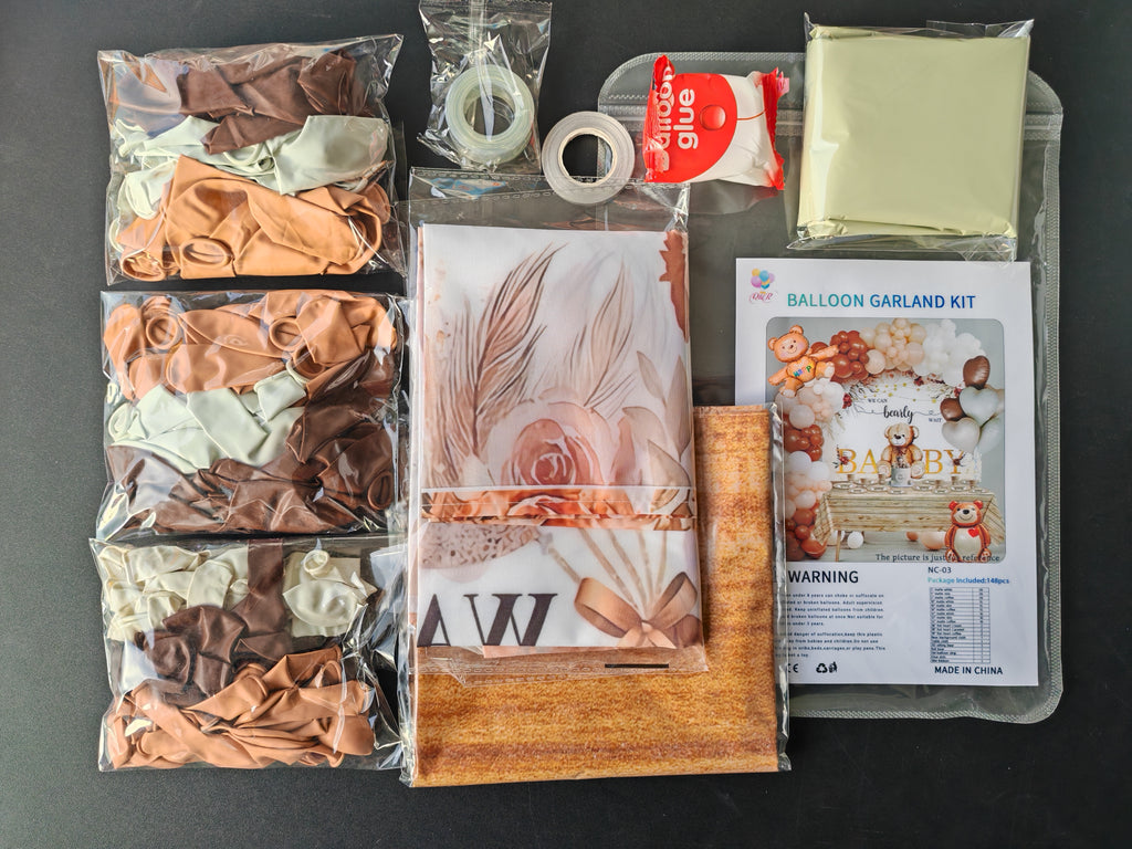 Teddy Bear Balloon Arch Kit for Baby Birthday Party | Neutral Cream, Coffee & Beige Balloons with Bear Backdrop | Luxury Bear-Themed Birthday Decoration Set (148 PCS)