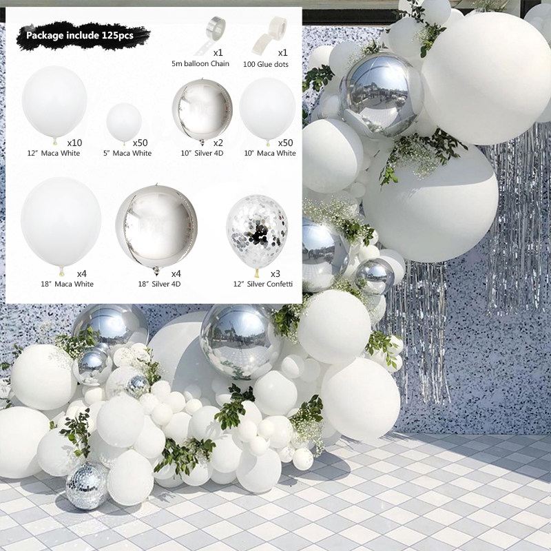 White & Silver Balloon Arch Kit – Matte White, Confetti & 4D Silver Foil Balloons for Birthday, Wedding & Luxury Party Decor (125 Pieces)