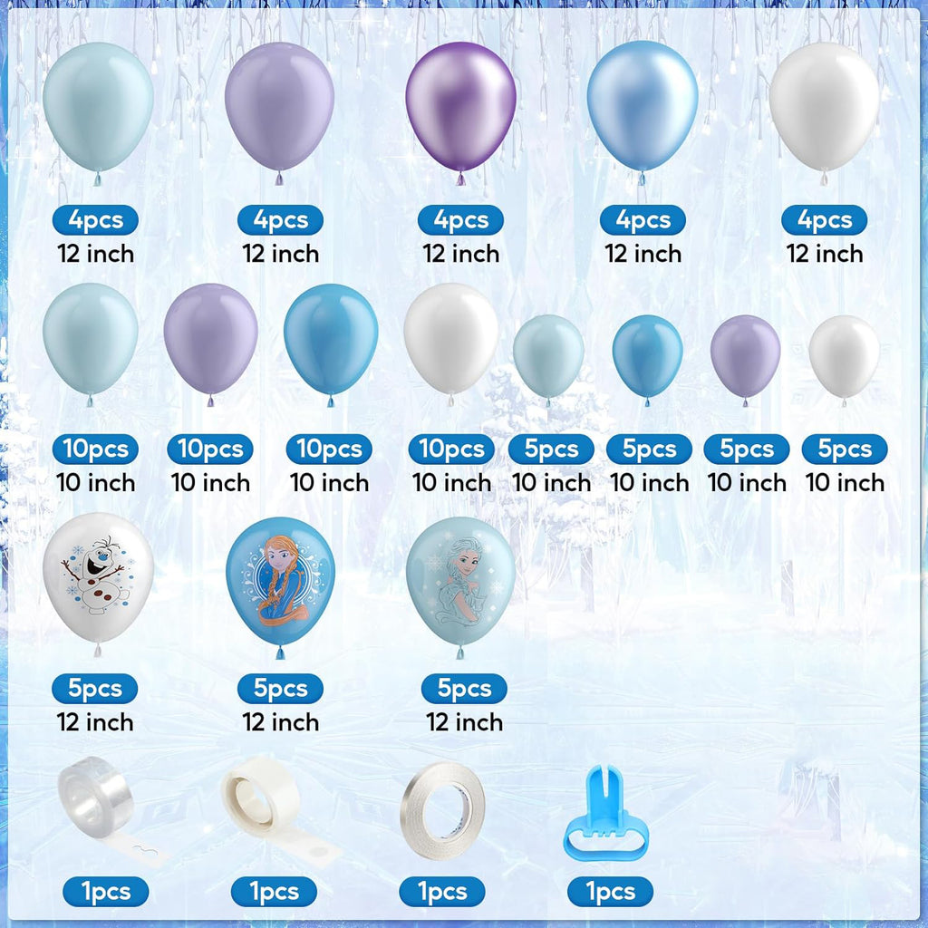 Frozen Princess Balloon Arch Birthday Decoration Kit with Elsa & Snowman Backdrop – Blue, Purple & White Pearl Balloons, Complete Party Decor Set for Girls Birthday, Winter & Ice Theme Parties