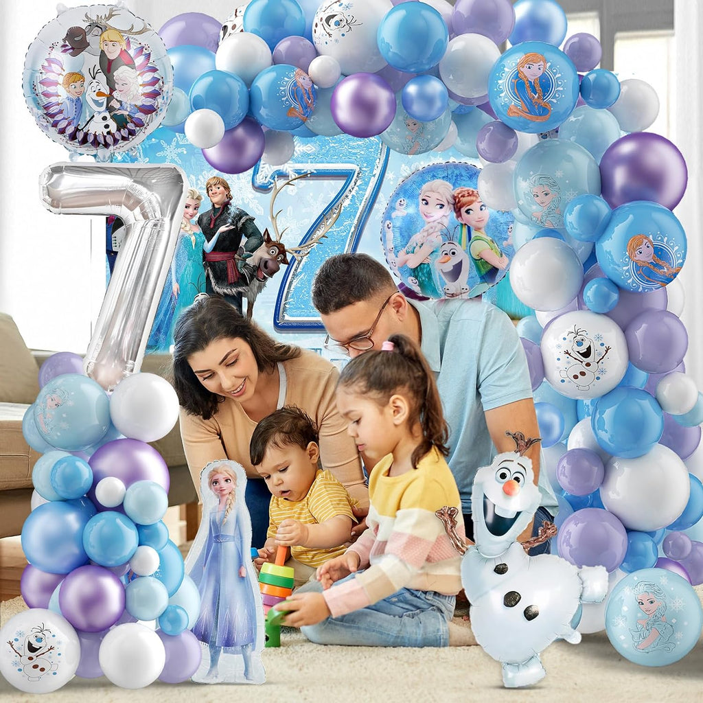 Frozen Princess Balloon Arch Birthday Decoration Kit with Elsa & Snowman Backdrop – Blue, Purple & White Pearl Balloons, Complete Party Decor Set for Girls Birthday, Winter & Ice Theme Parties