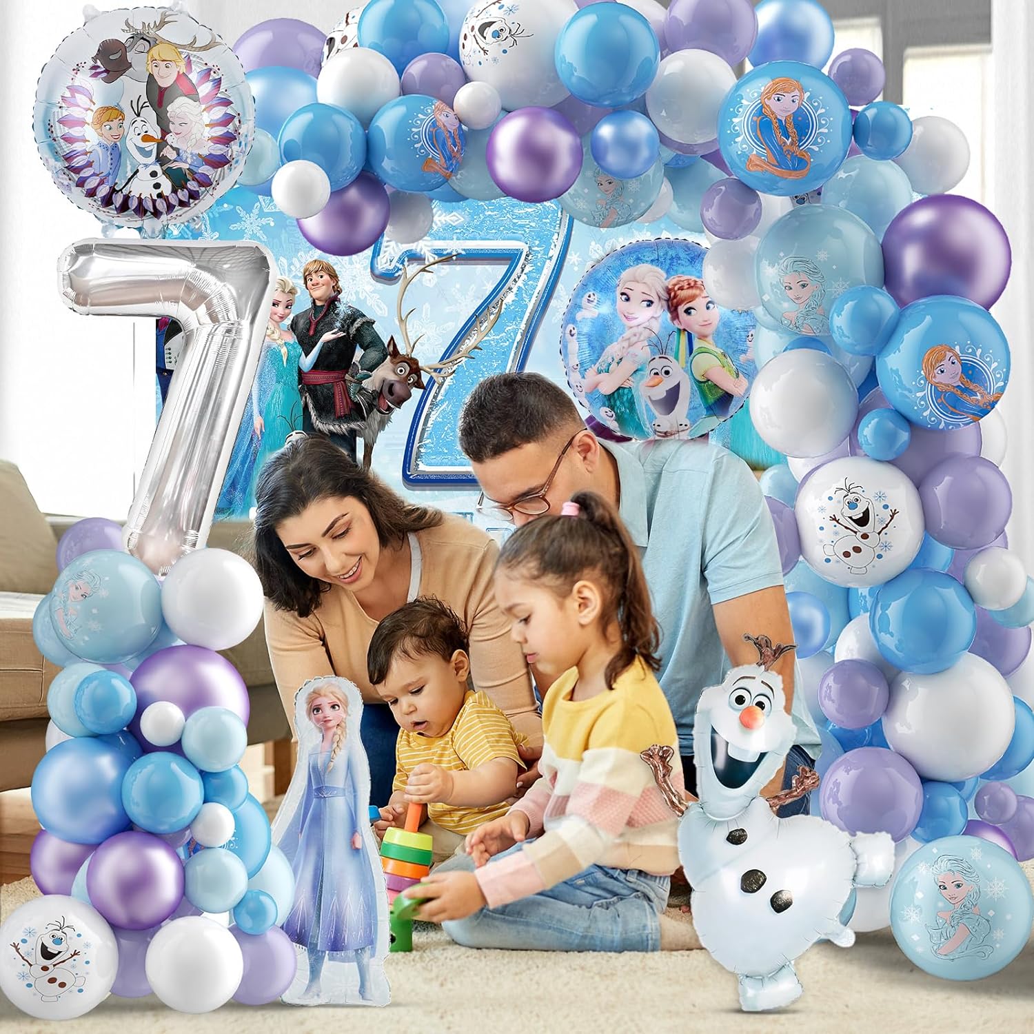 Frozen Princess Balloon Arch Birthday Decoration Kit with Elsa & Snowman Backdrop – Blue, Purple & White Pearl Balloons, Complete Party Decor Set for Girls Birthday, Winter & Ice Theme Parties