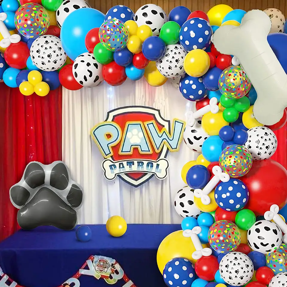 Ultimate Dog Patrol Birthday Balloon Garland Kit - Vibrant Matte Primary Colors with Cow & Paw Print Balloons, 28" Foil Bone & Paw Shapes - Complete Party Decor Set 155pcs