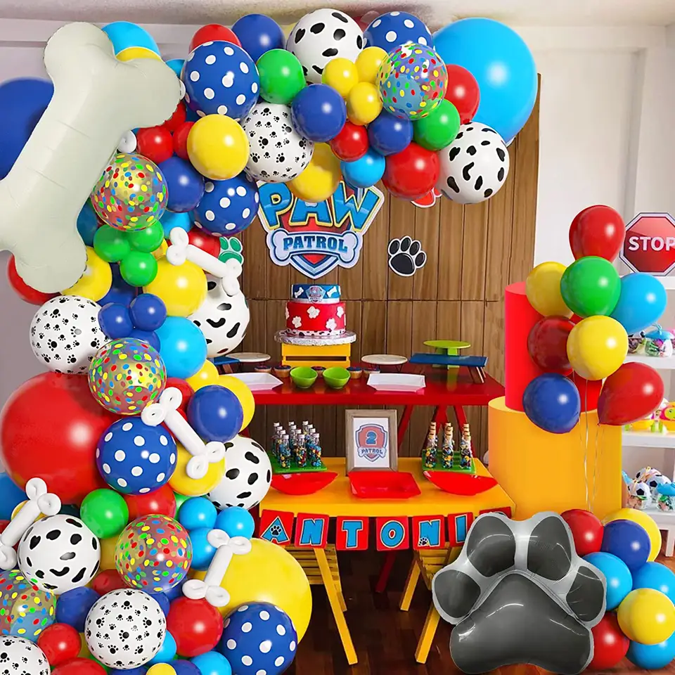 Ultimate Dog Patrol Birthday Balloon Garland Kit - Vibrant Matte Primary Colors with Cow & Paw Print Balloons, 28" Foil Bone & Paw Shapes - Complete Party Decor Set 155pcs