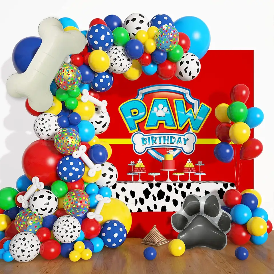 Ultimate Dog Patrol Birthday Balloon Garland Kit - Vibrant Matte Primary Colors with Cow & Paw Print Balloons, 28" Foil Bone & Paw Shapes - Complete Party Decor Set 155pcs