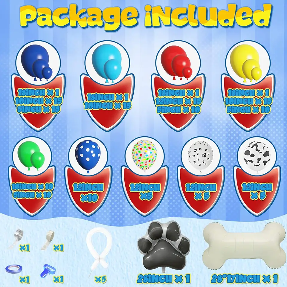 Ultimate Dog Patrol Birthday Balloon Garland Kit - Vibrant Matte Primary Colors with Cow & Paw Print Balloons, 28" Foil Bone & Paw Shapes - Complete Party Decor Set 155pcs