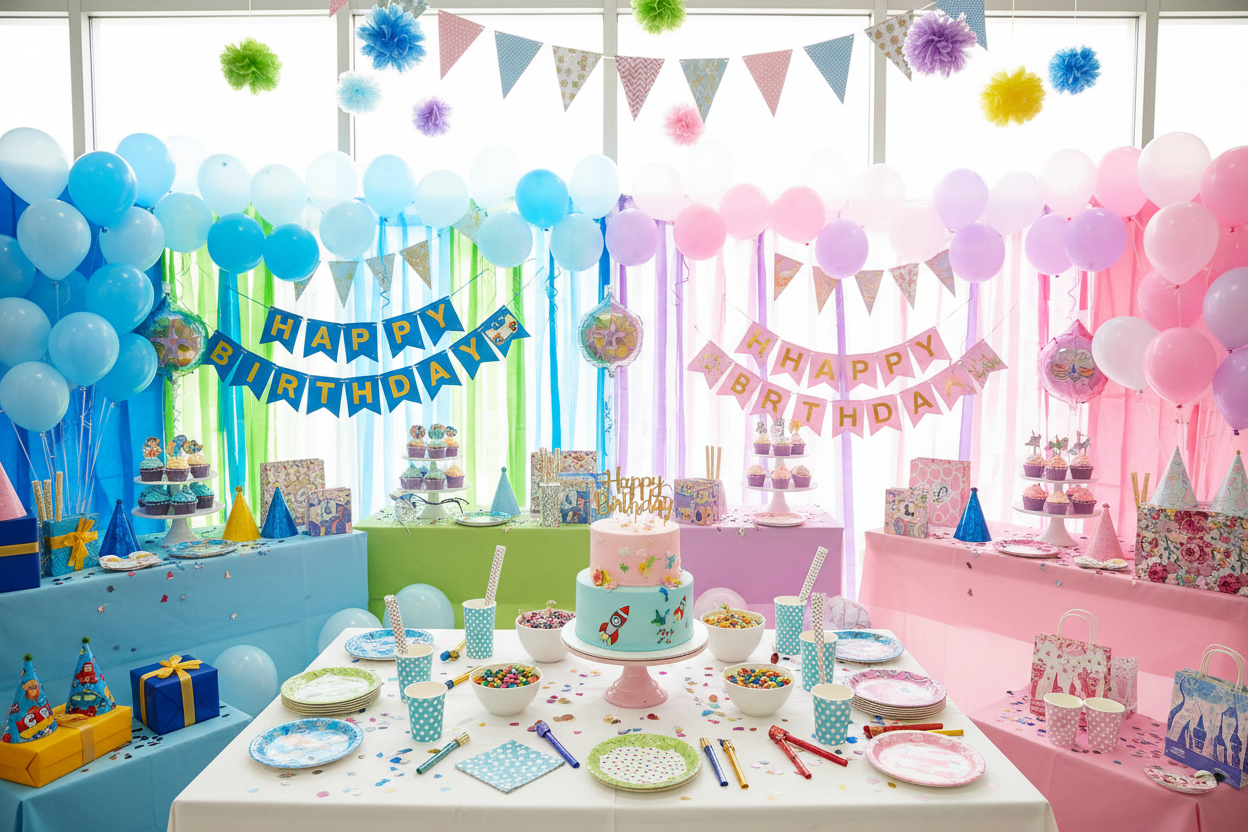 Party Supplies themes related with boy and girl with complete showing on room